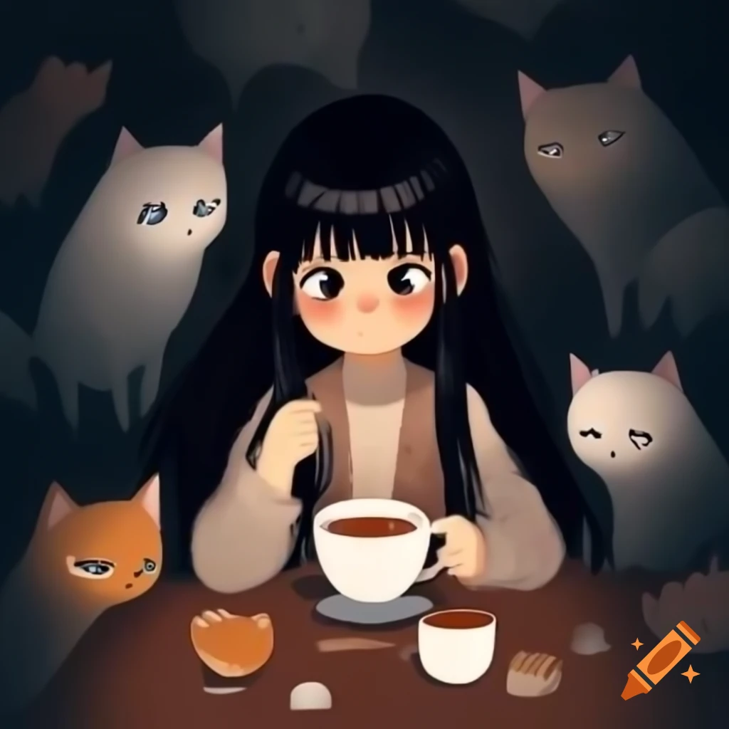 Anime girl with black hair holding tea surrounded by cats