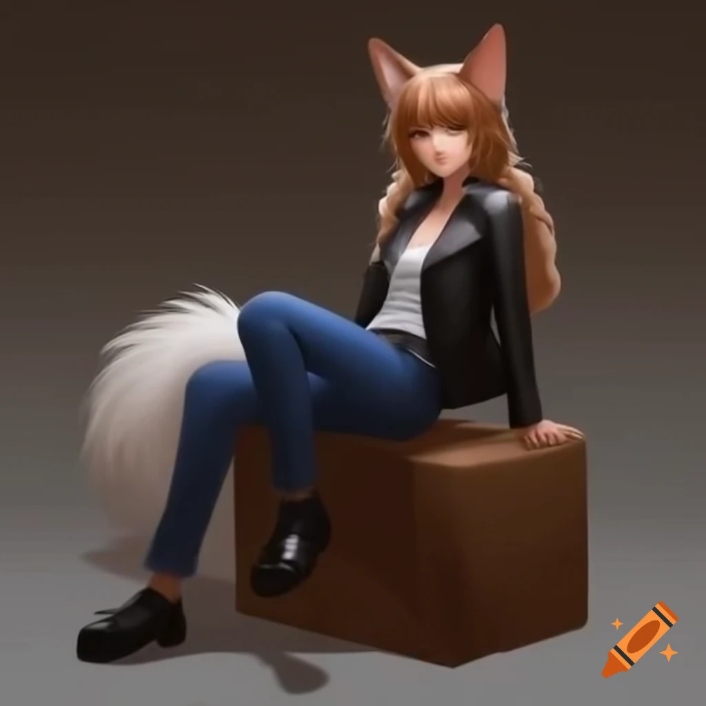 Anime woman with dog ears and tail in black leather jacket and blue jeans sitting on a box