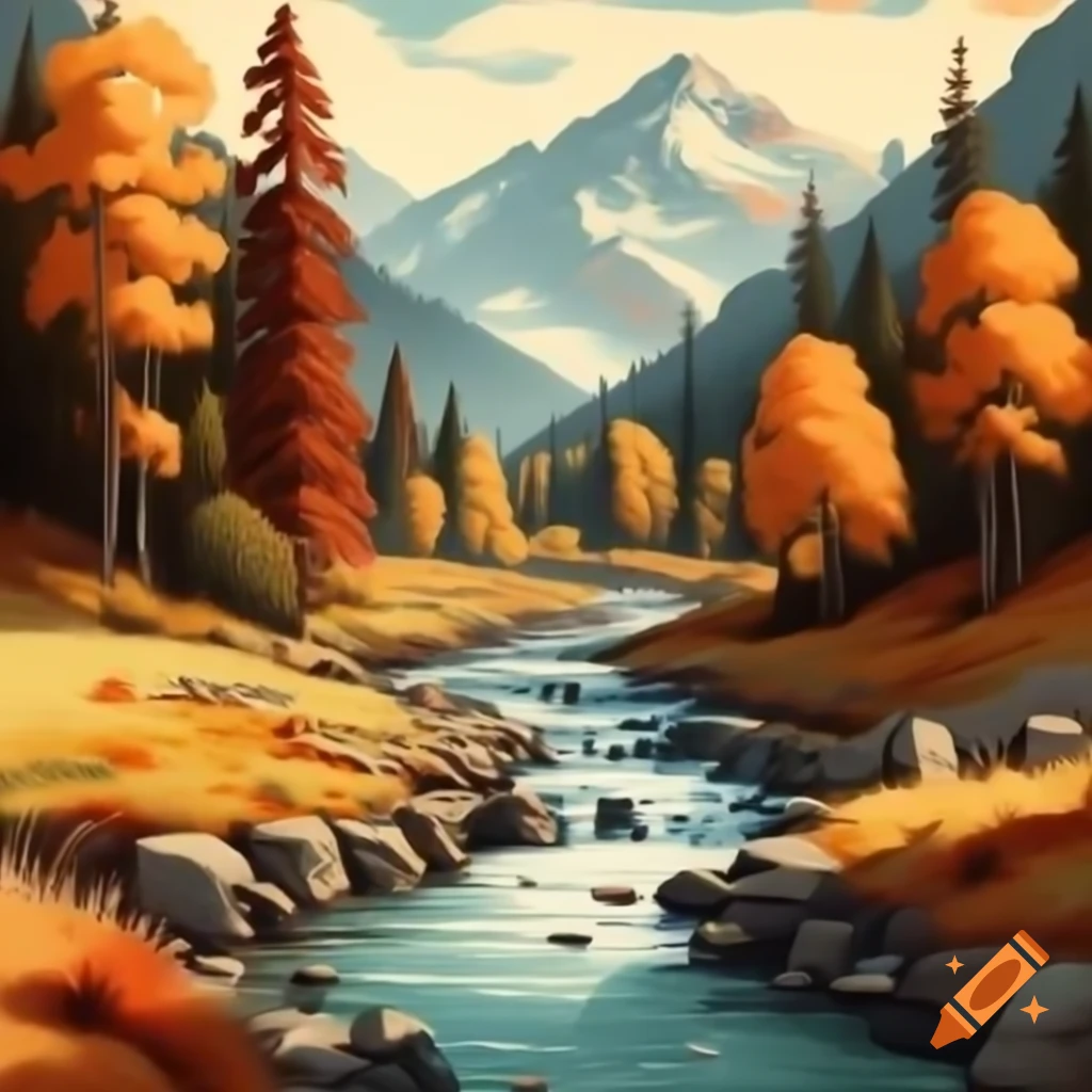 Vintage drawing of peaceful autumn forest river valley