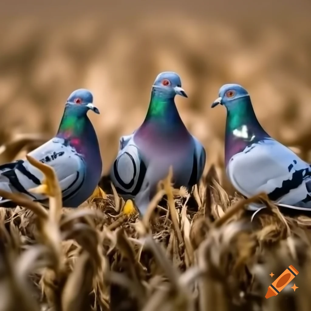 Three pigeons standing in a corn field