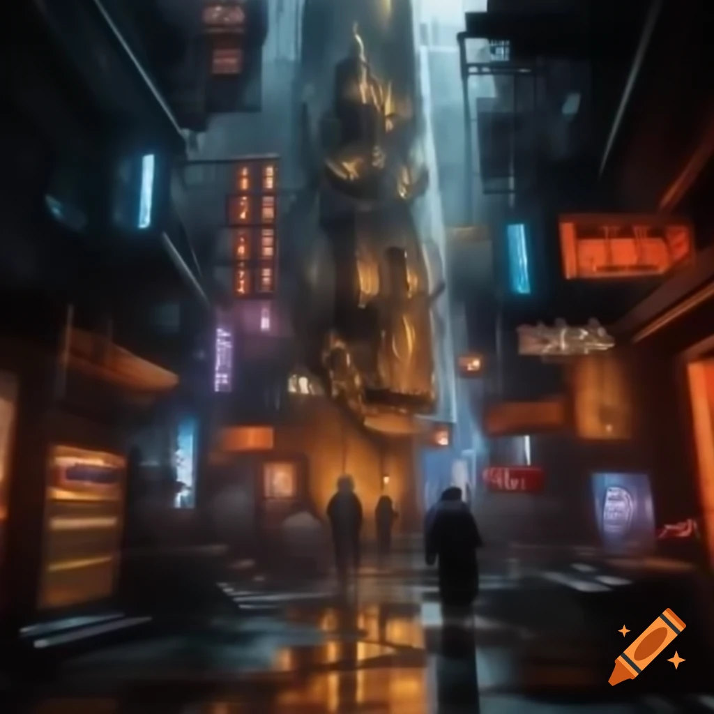 Mixed media piece blending gothic architecture with cyberpunk elements in urban alley