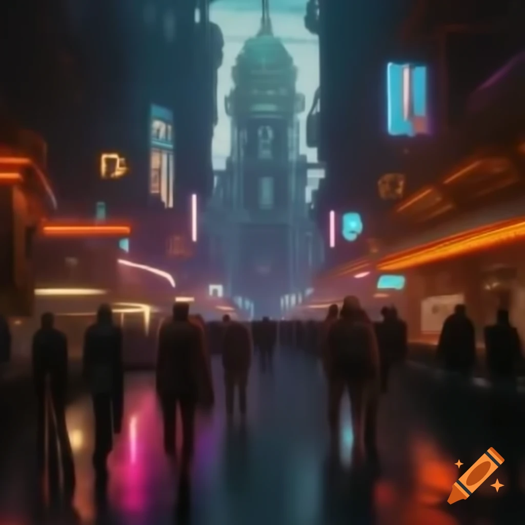Bustling cyberpunk street with Baroque aesthetics and neon lights