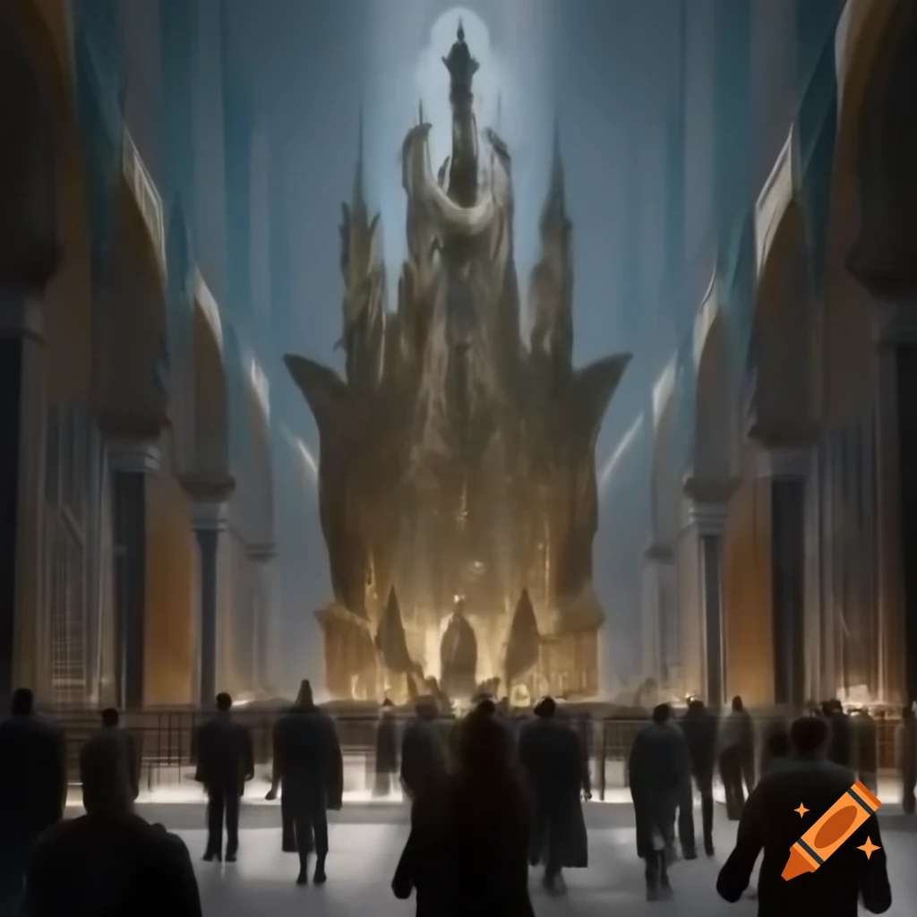 Surreal bronze engraving of a church in abyssal depths, modern sculpture