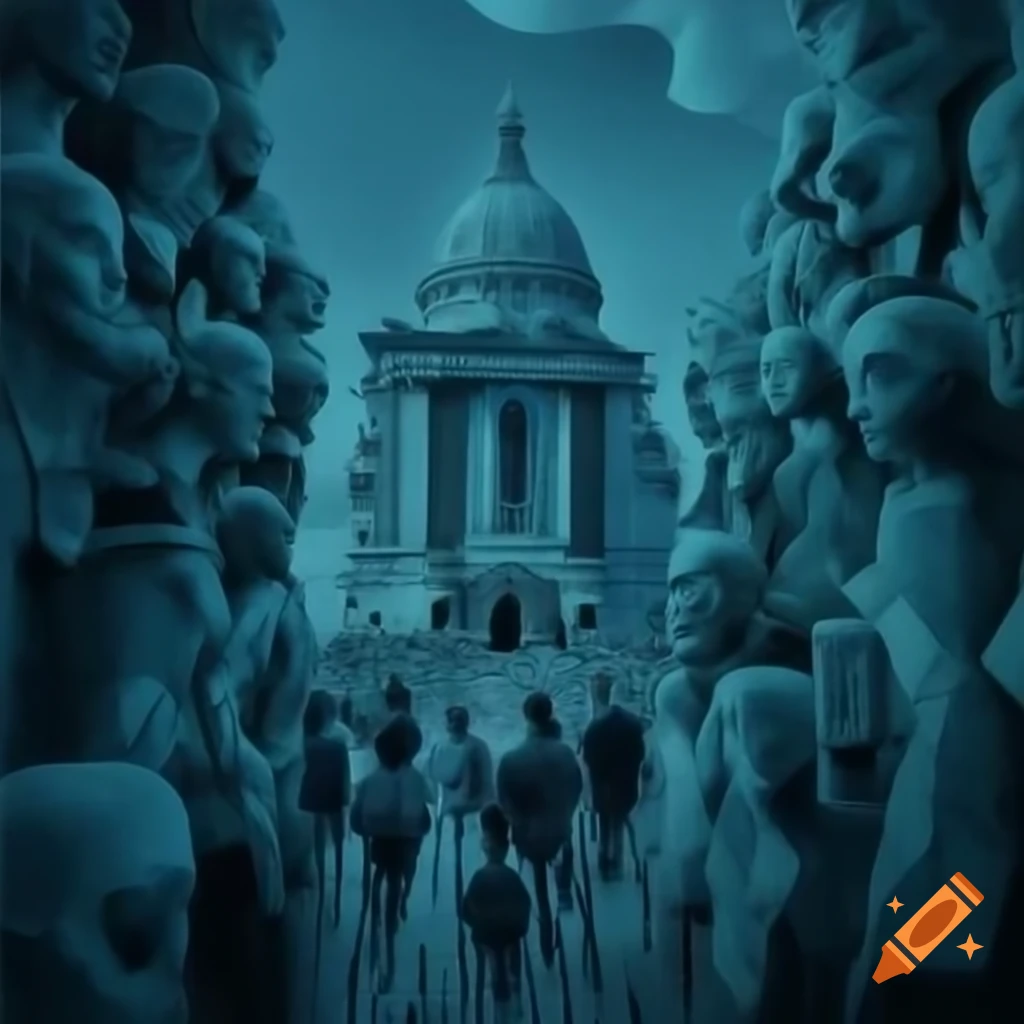 Surreal bronze engraving of bustling church in abyssal depths, blue palette
