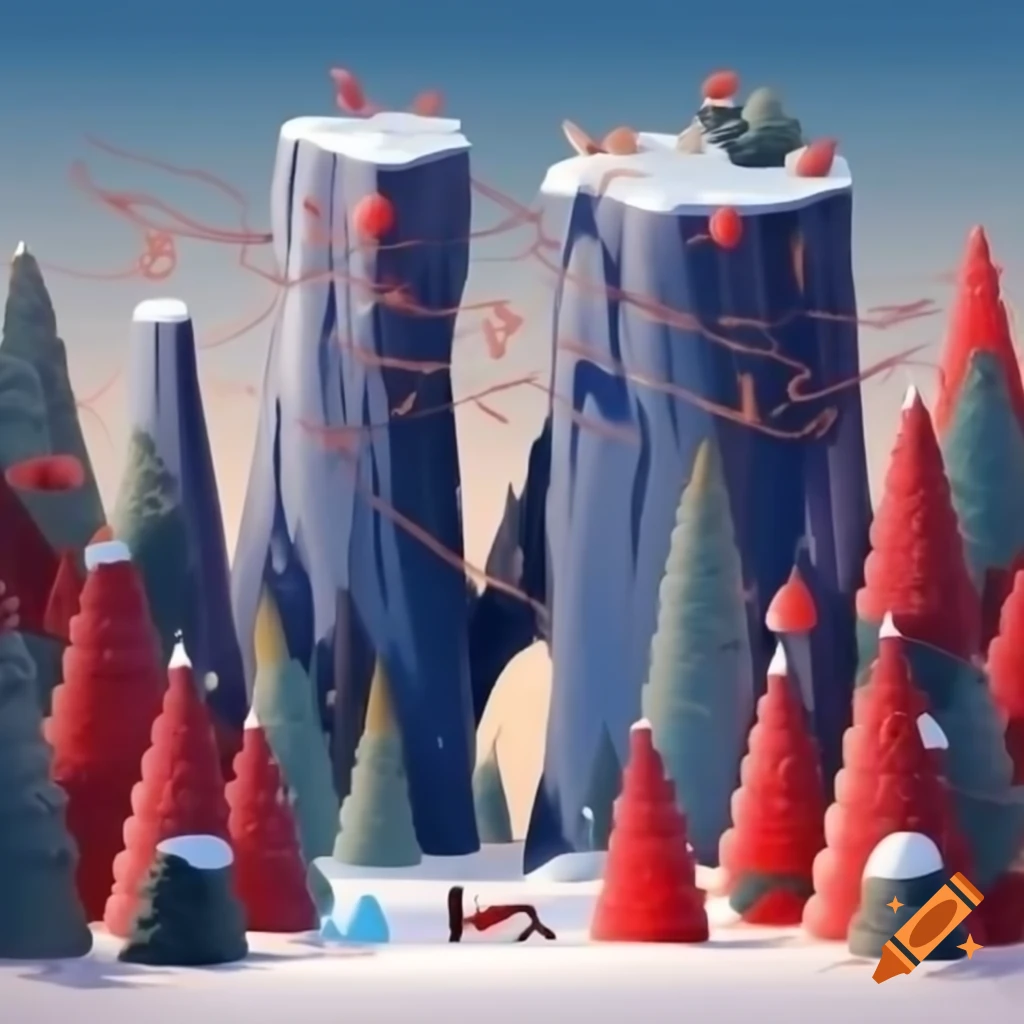 Panorama of Christmas forest scene merging Native Salish and Russian fairytale motifs with evergreens