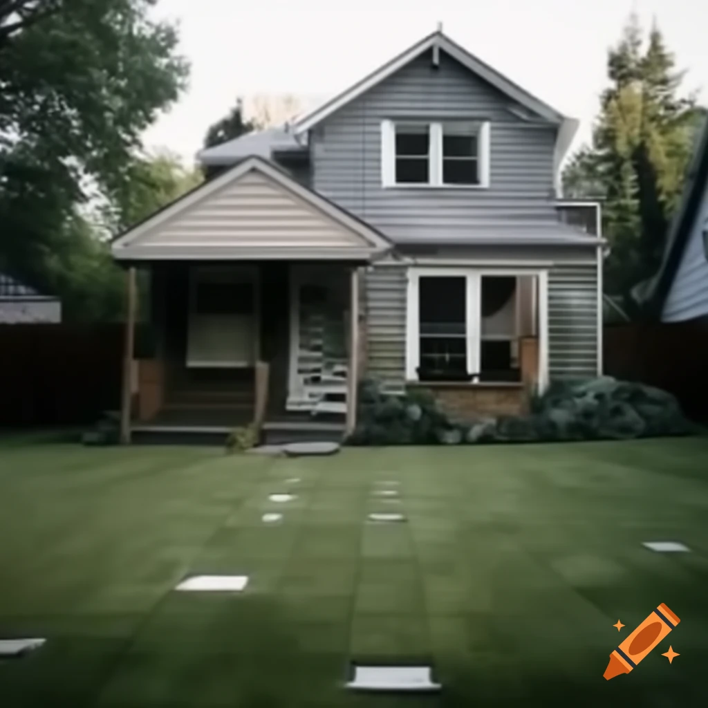 Unusual photorealistic yard outside a house