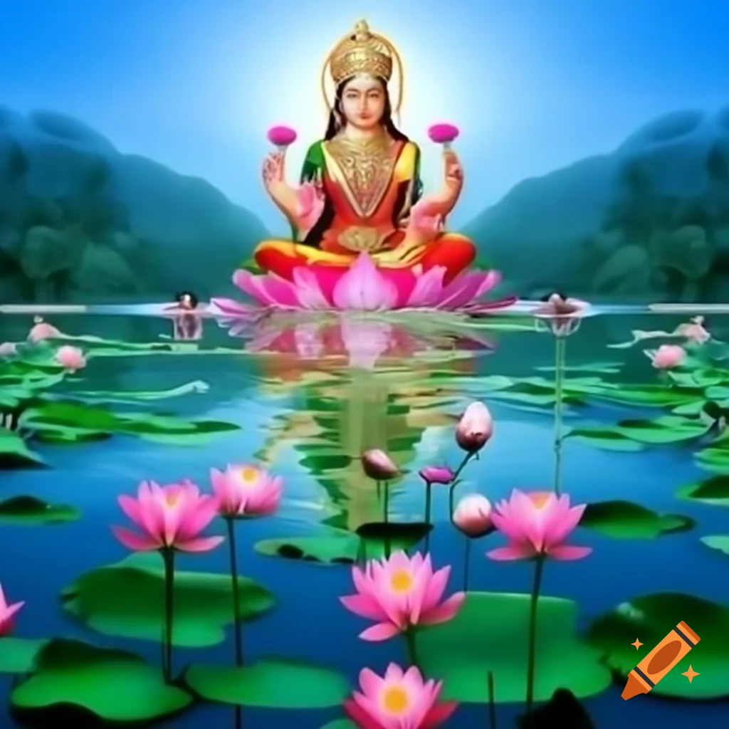 Lotus flowers in lake with a depiction of Lord Sri Lakshmi