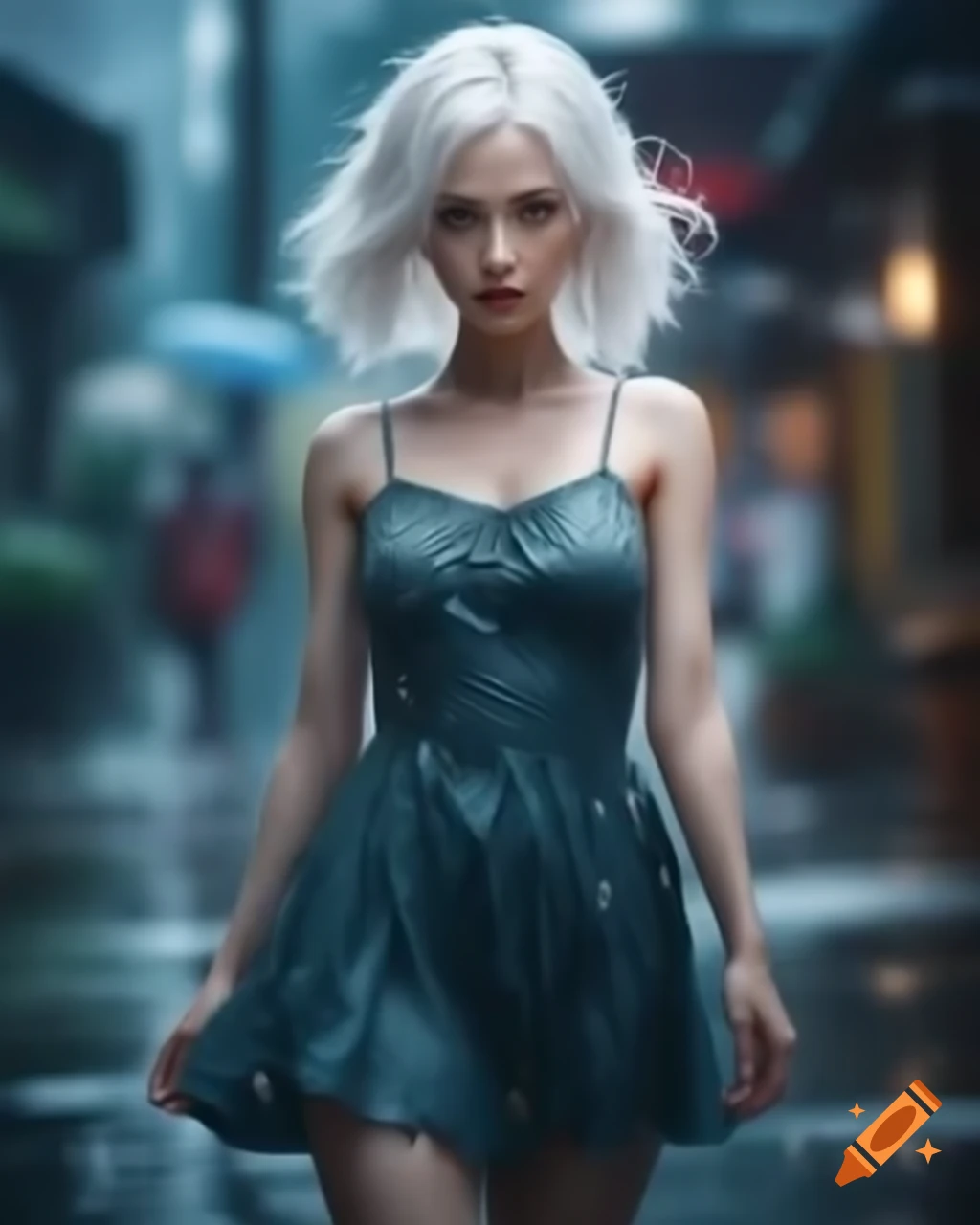 Anime woman with white hair in dress on a rainy day