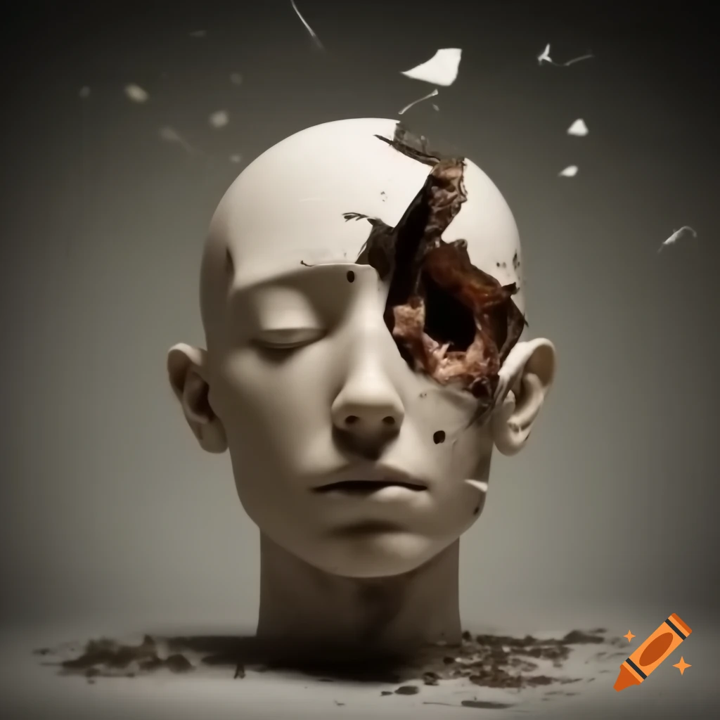 Bust sculpture of human head with exposed and cracked interior