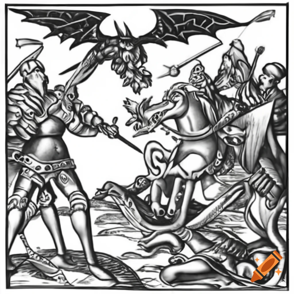 Nordic knight fighting dragon Xyloghrapy in black and white, Dürer style