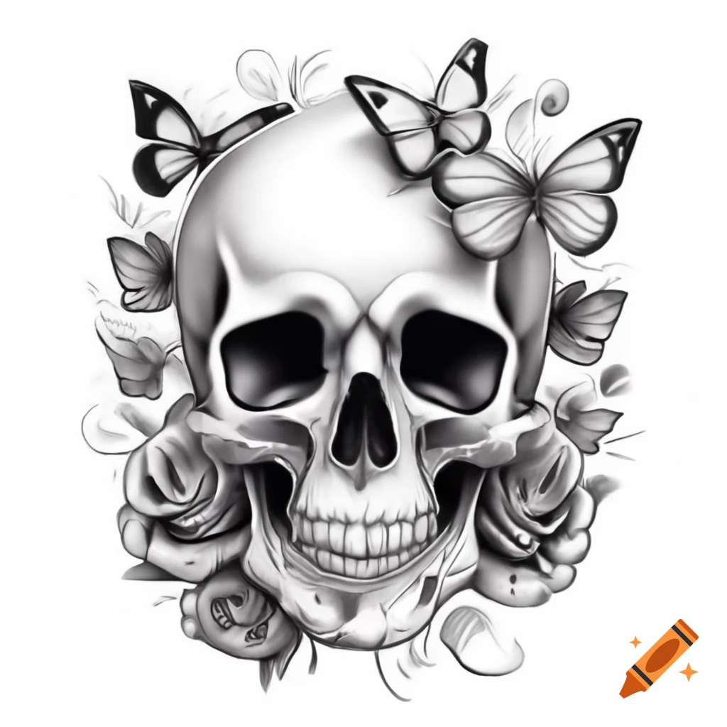 Pen drawing of a skull adorned with butterflies and roses