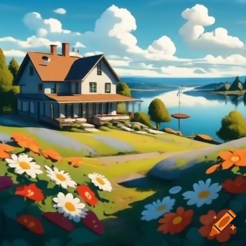 House near lake surrounded by colorful flowers