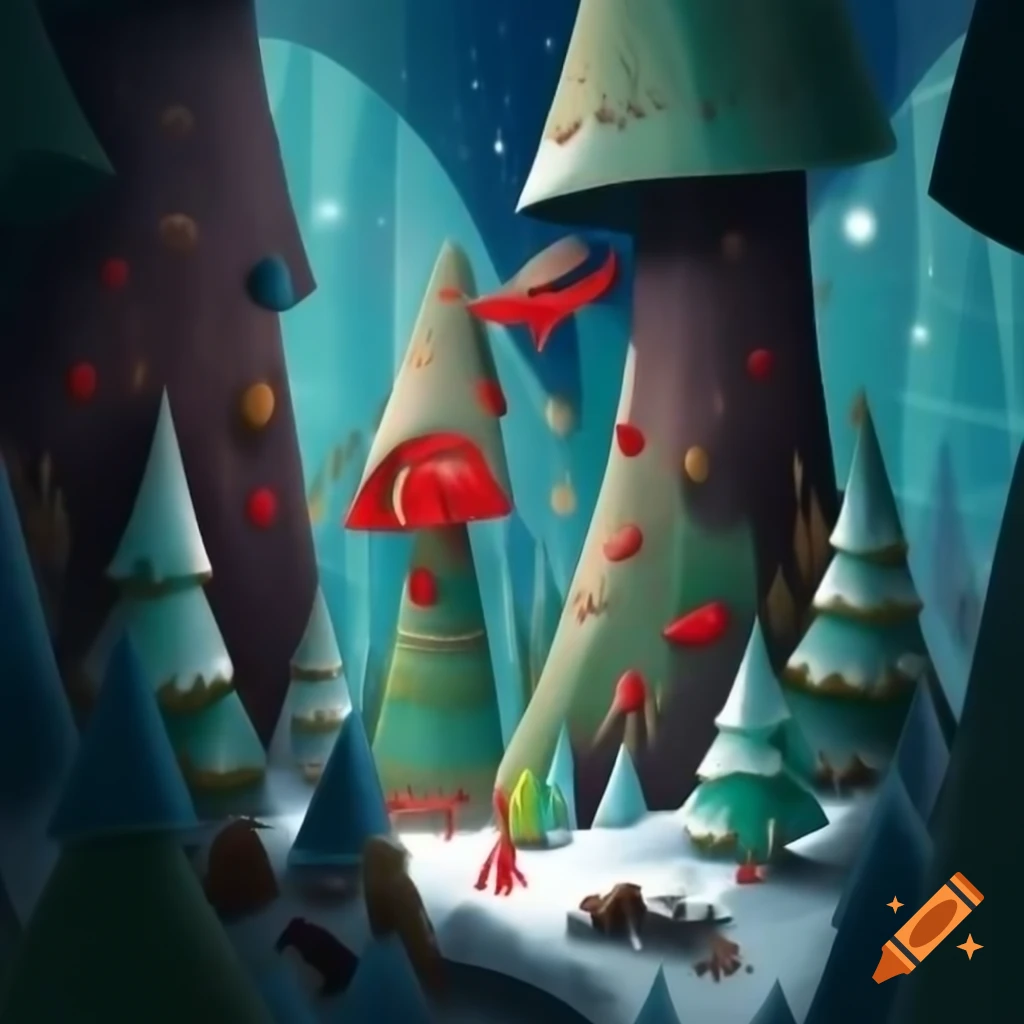 Panorama illustration of Christmas forest blending Native Salish and Russian fairy tale motifs with evergreens