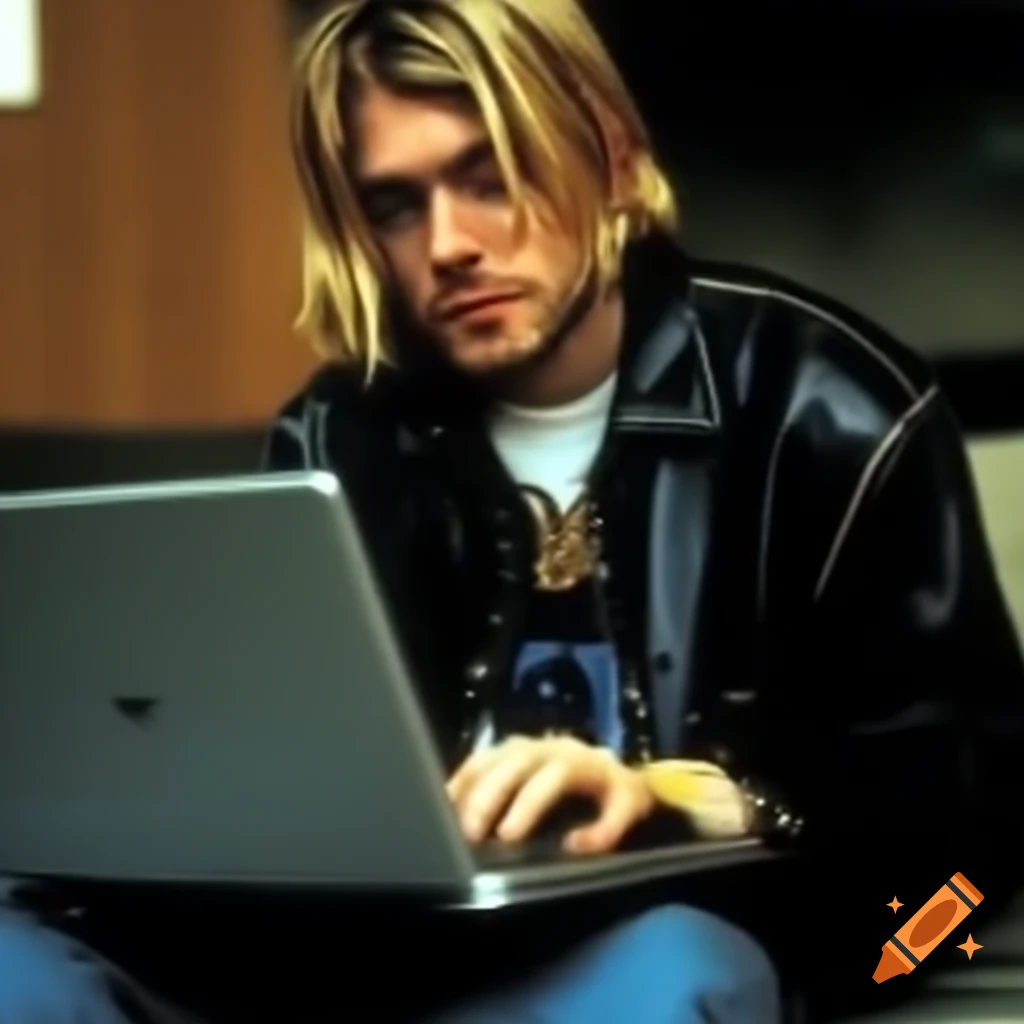 Kurt Cobain using a laptop