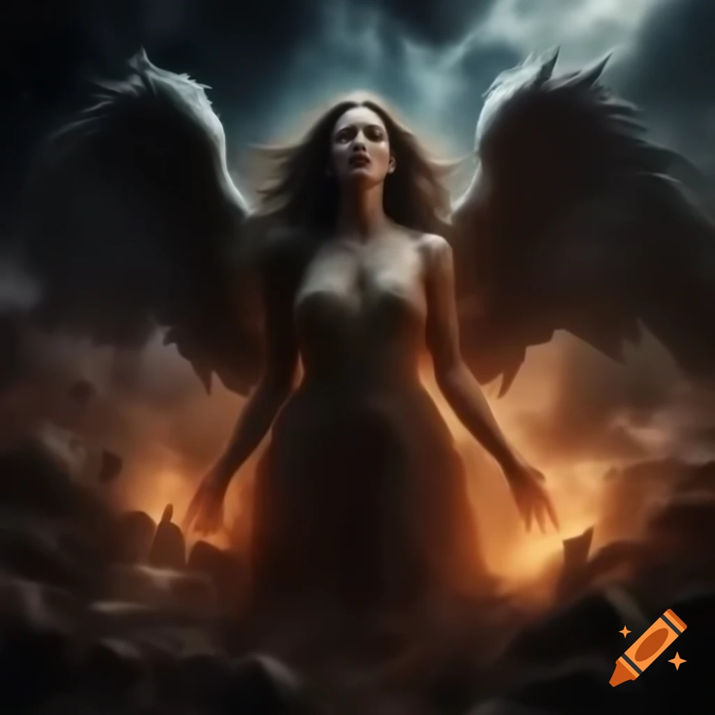 Aftermath of Dream War with smoke, ruins, and mythological creatures