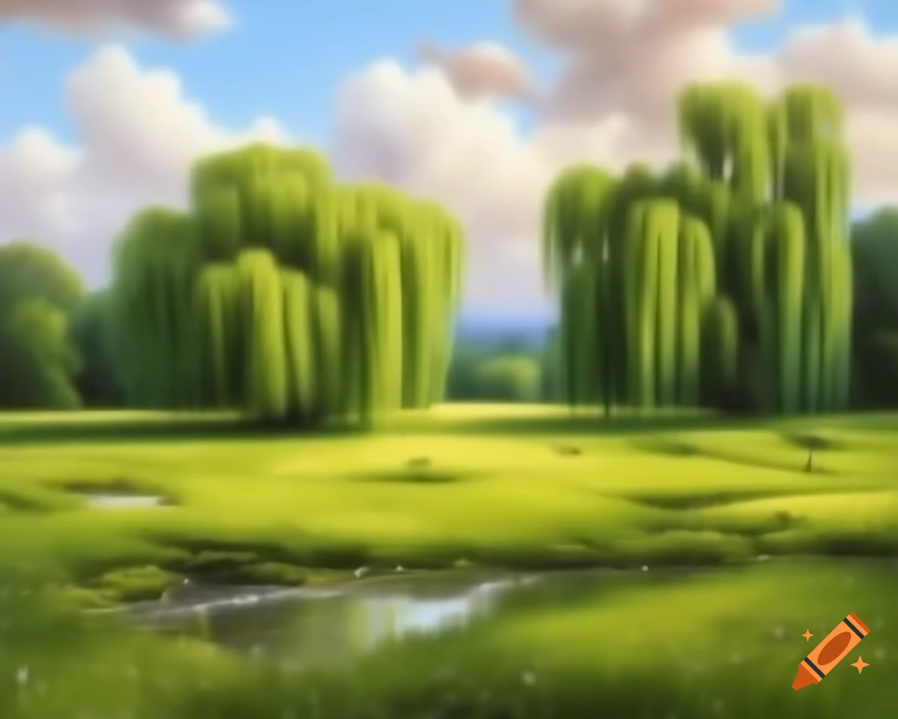 Large meadow with weeping willows and small stream under rainy clouds, detailed painting