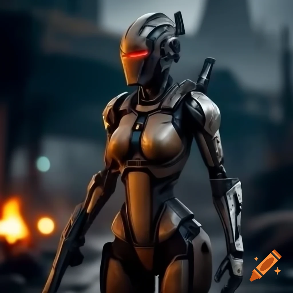 Cyborg warrior in armor suit with laser rifle in post-apocalyptic wasteland
