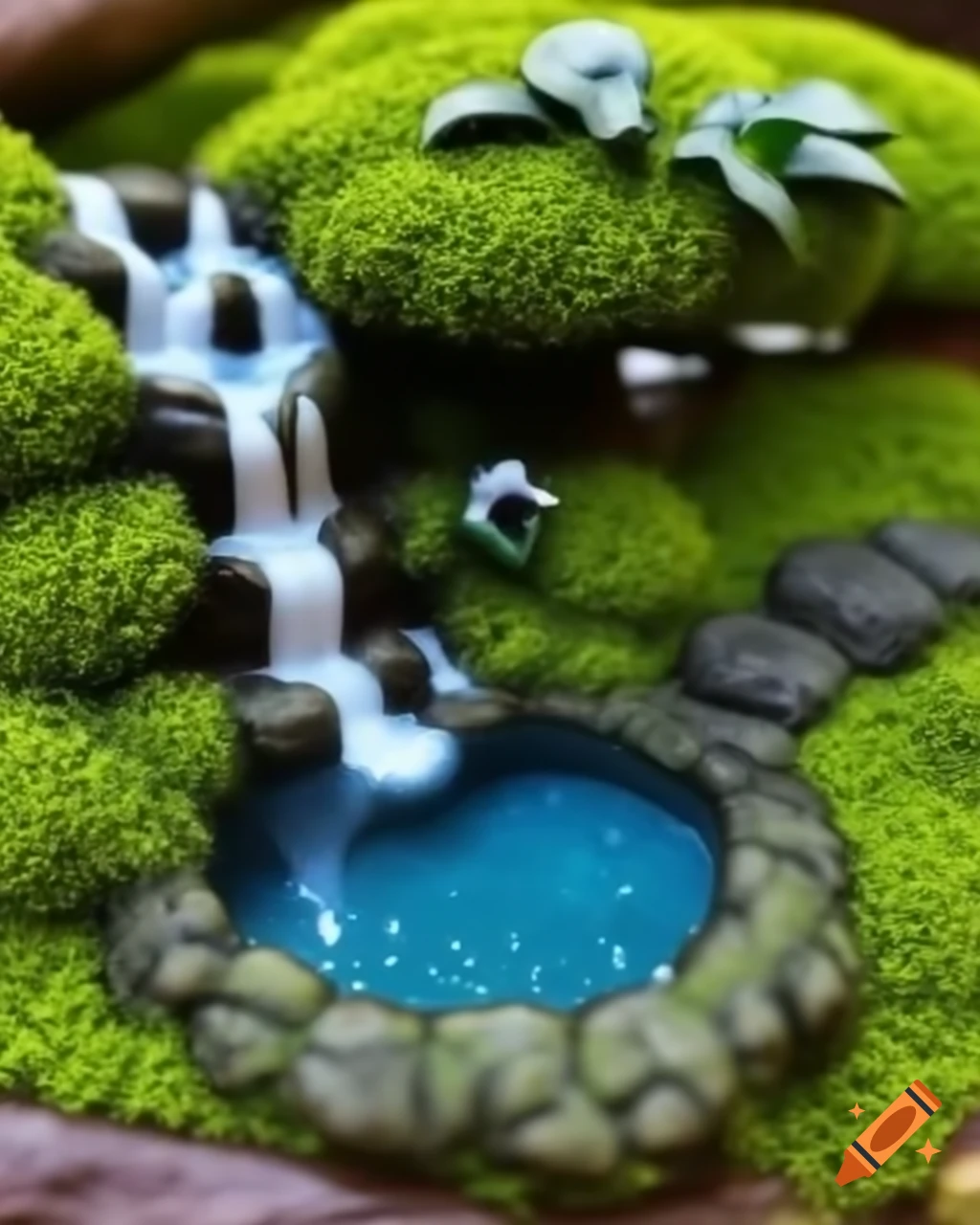 Miniature waterfall and lake made of moss