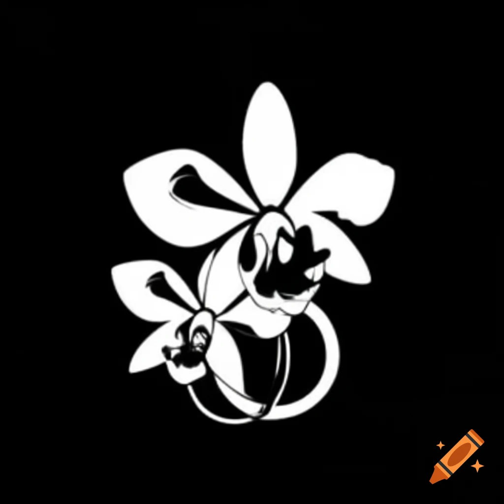 White orchid symbol on black background