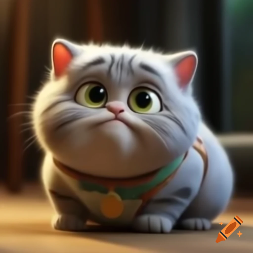 Cute fluffy grey cat with big eyes crying and looking at the camera, cartoon style