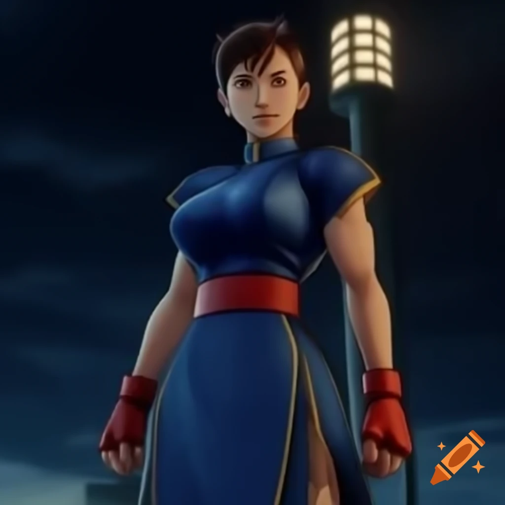 Anime Chun-li from Street Fighter in front of large floodlight