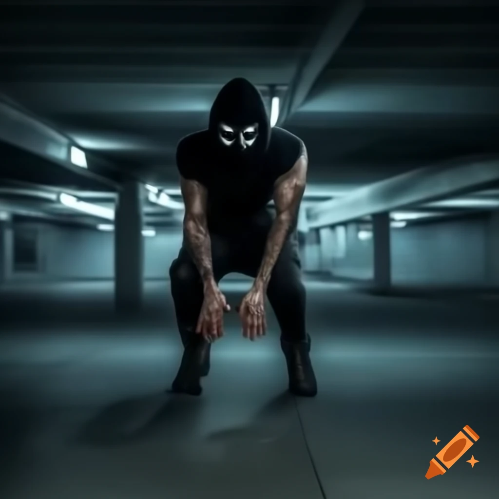Masked robber in underground parking garage with arm extended, full length portrait
