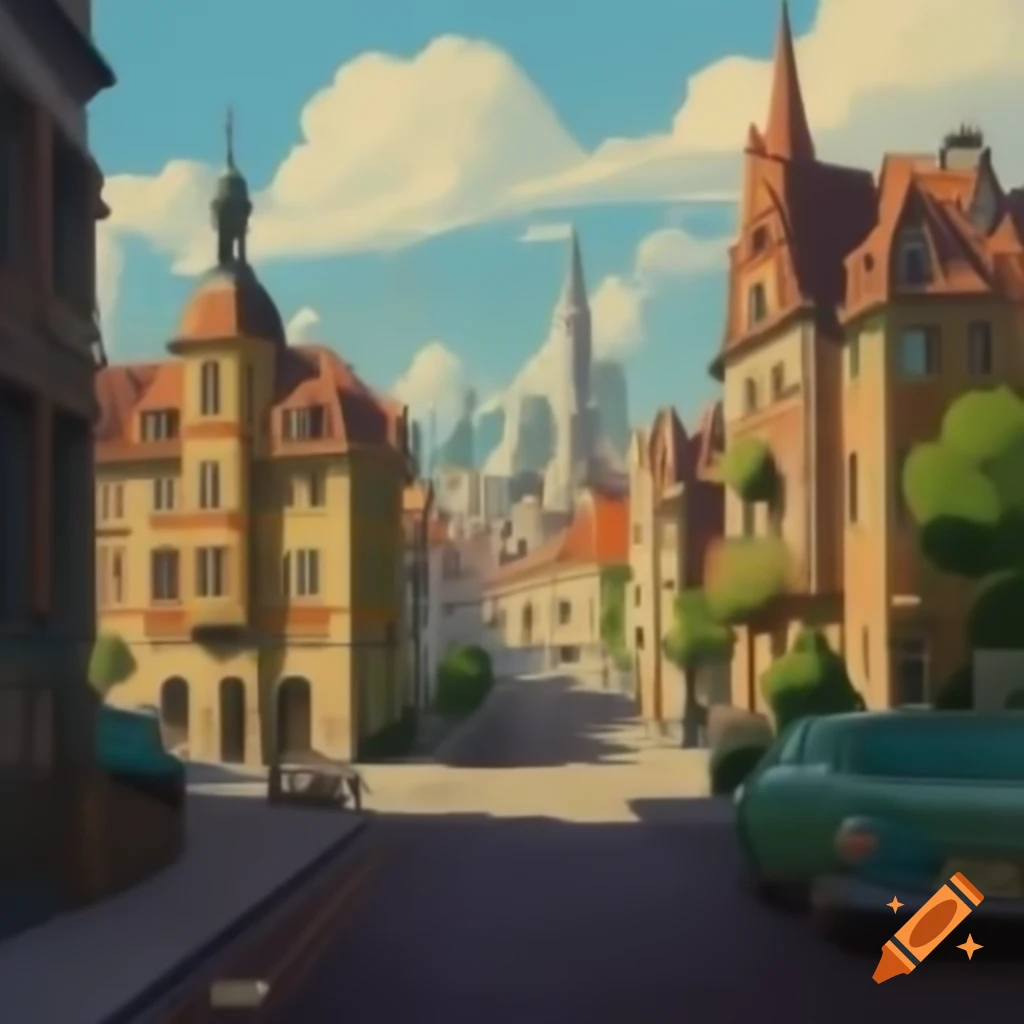 Eastern European art style representation of a 1960s city