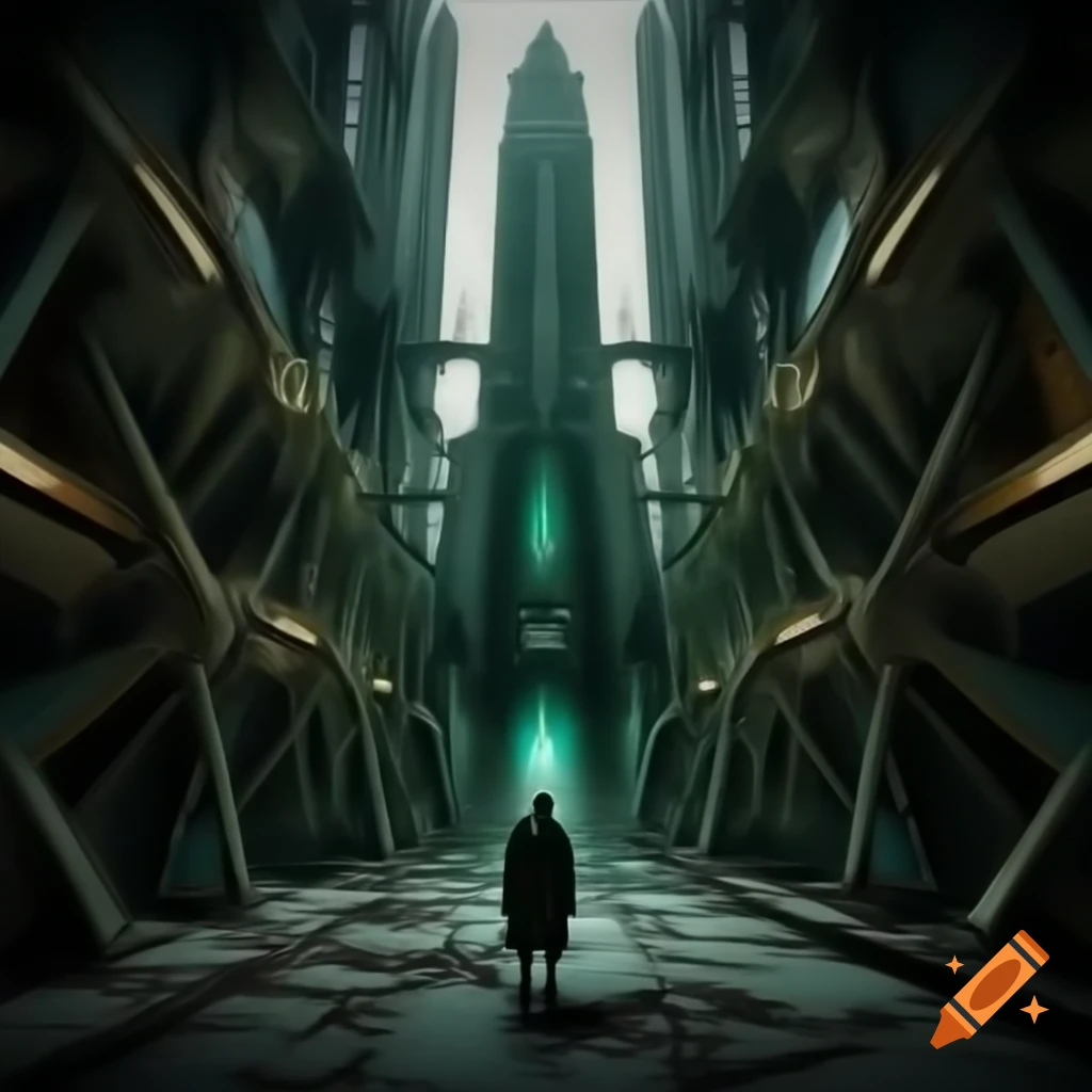Dystopian future envisioned with Art Deco geometric elegance in deep blues and teals