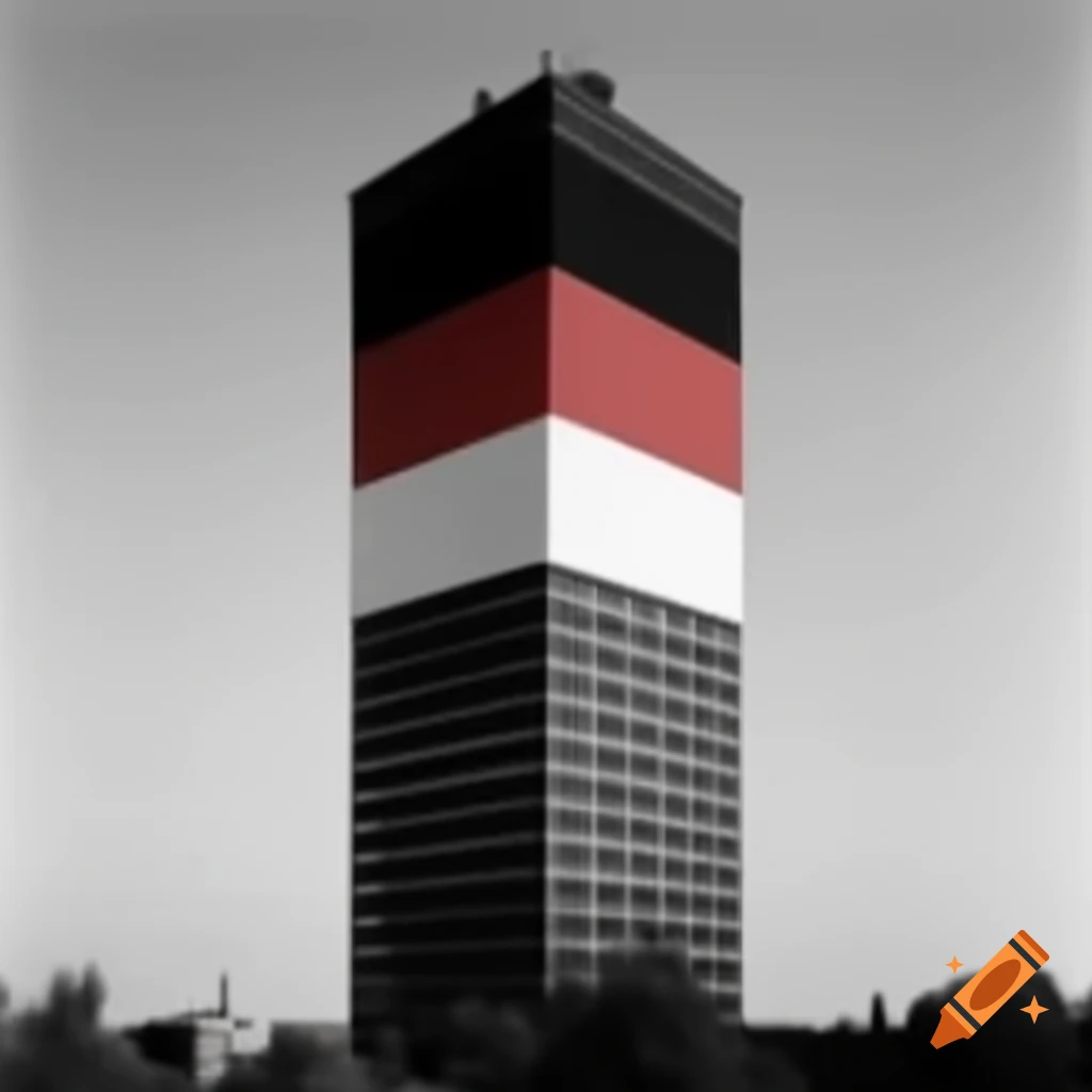 Skyscraper displaying a horizontal flag with black, red, and white stripes