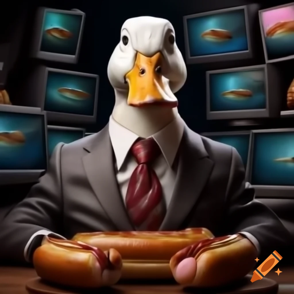 Duck in a suit with hotdogs surrounded by computers and worms