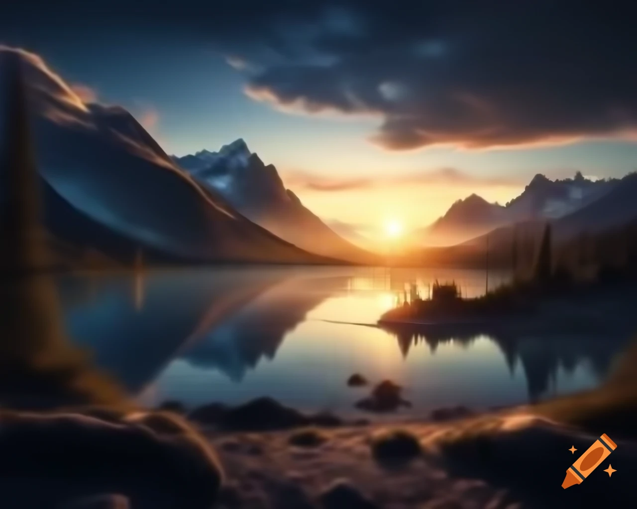 Photorealistic 3D render of mountain lake at sunset with sun rays and island