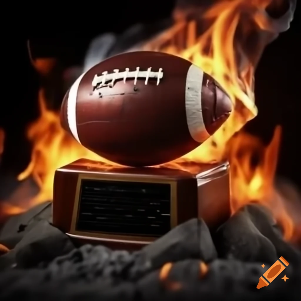 Shiny American football trophy engulfed in flames