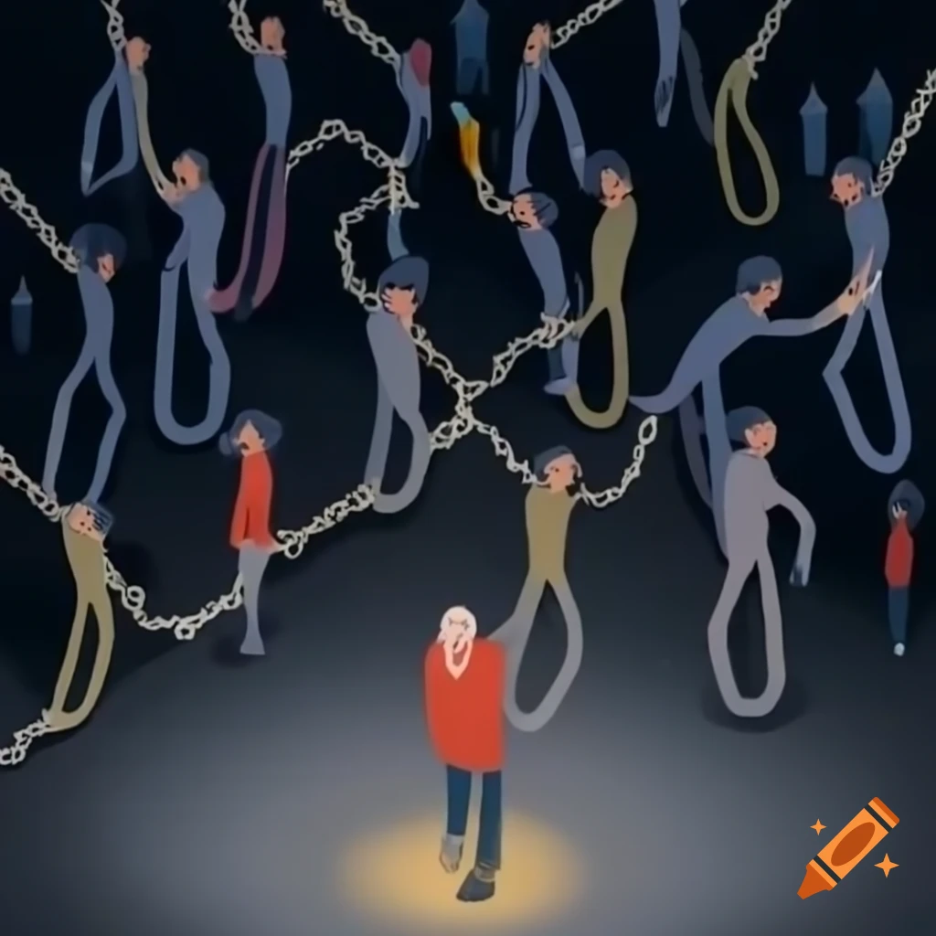 Citizens depicted in chains surrendering rights to authority, illustration