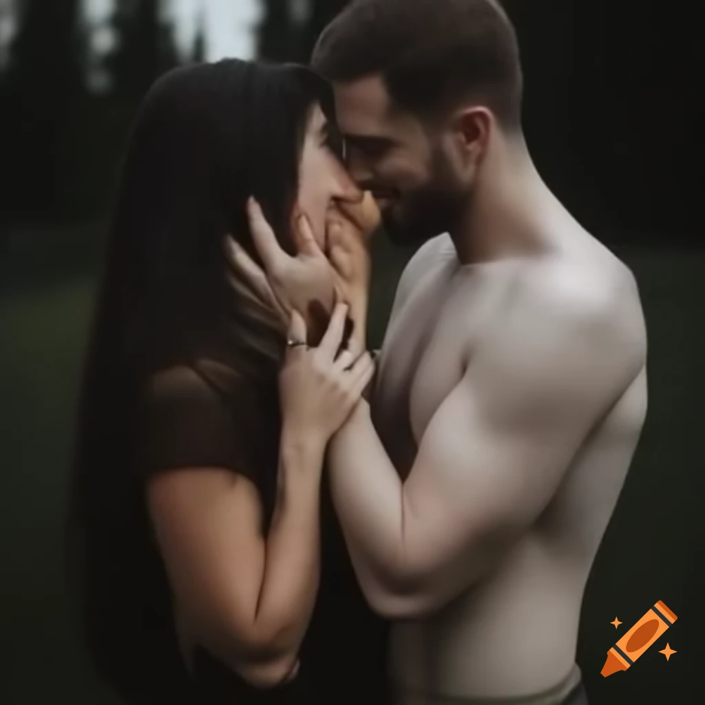 Romantic scene of Slavic couple kissing