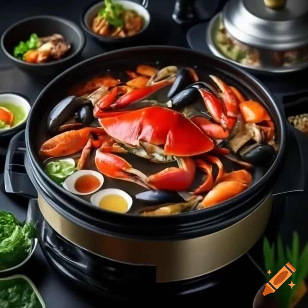 Luxurious hotpot with fresh seafood and vegetables in seaweed broth