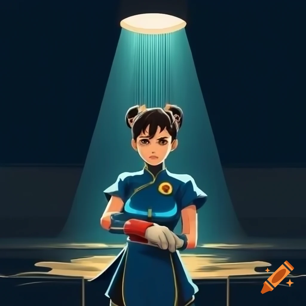 Anime Chun-li from Street Fighter in front of floodlight