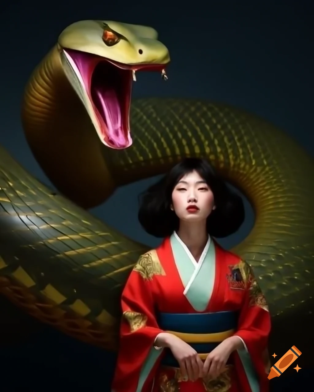 Woman in kimono observing giant snake, hyper-realistic style