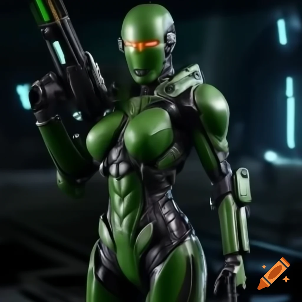 Cyborg warrior in green armor holding laser rifle in futuristic battlefield