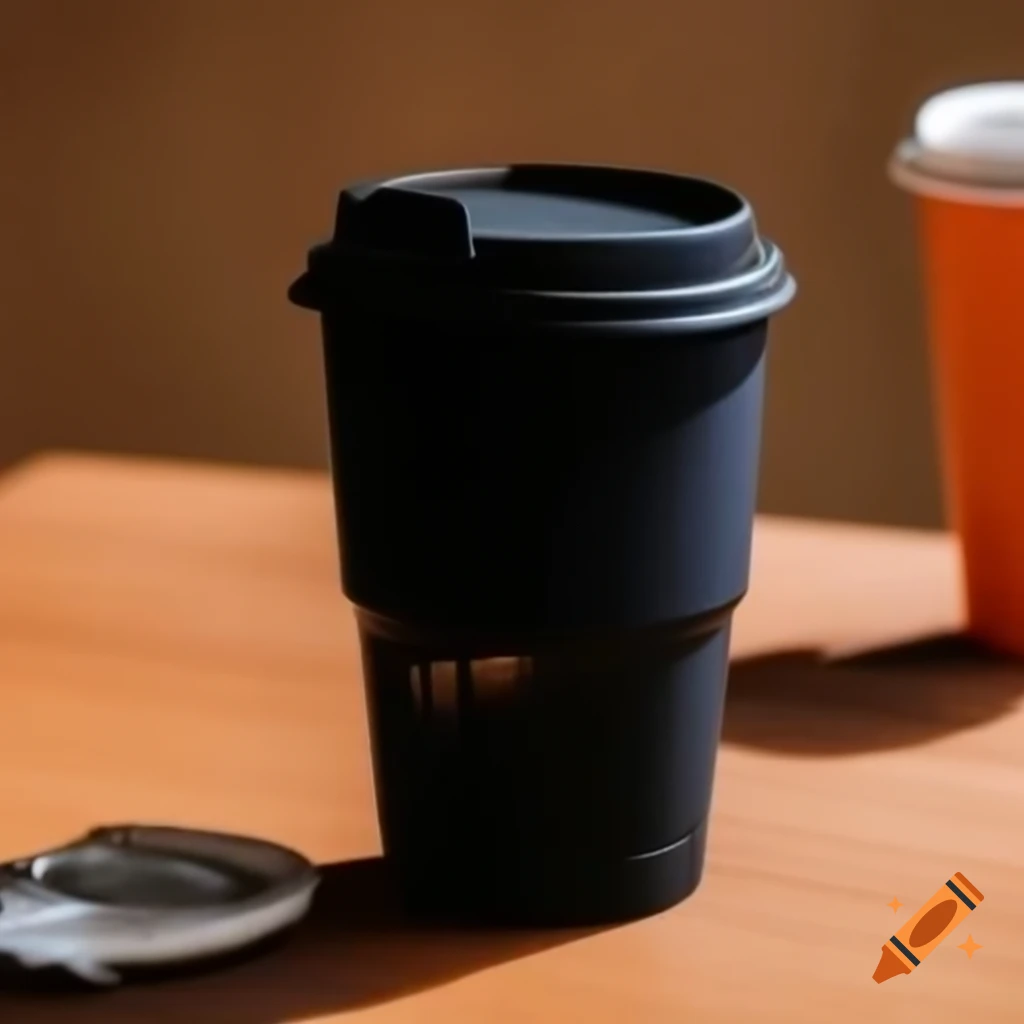 Design of takeaway coffee cup with black lid and sipping hole