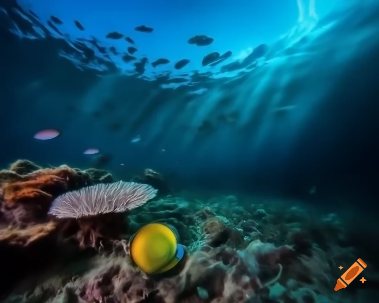 Mystical saltwater mountain lake in ocean with colorful fish and coral
