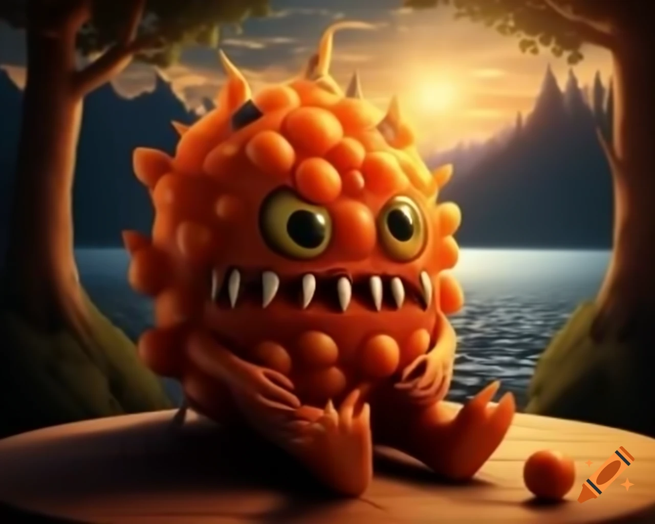 3D orange tree monster with human face on wooden table in forest