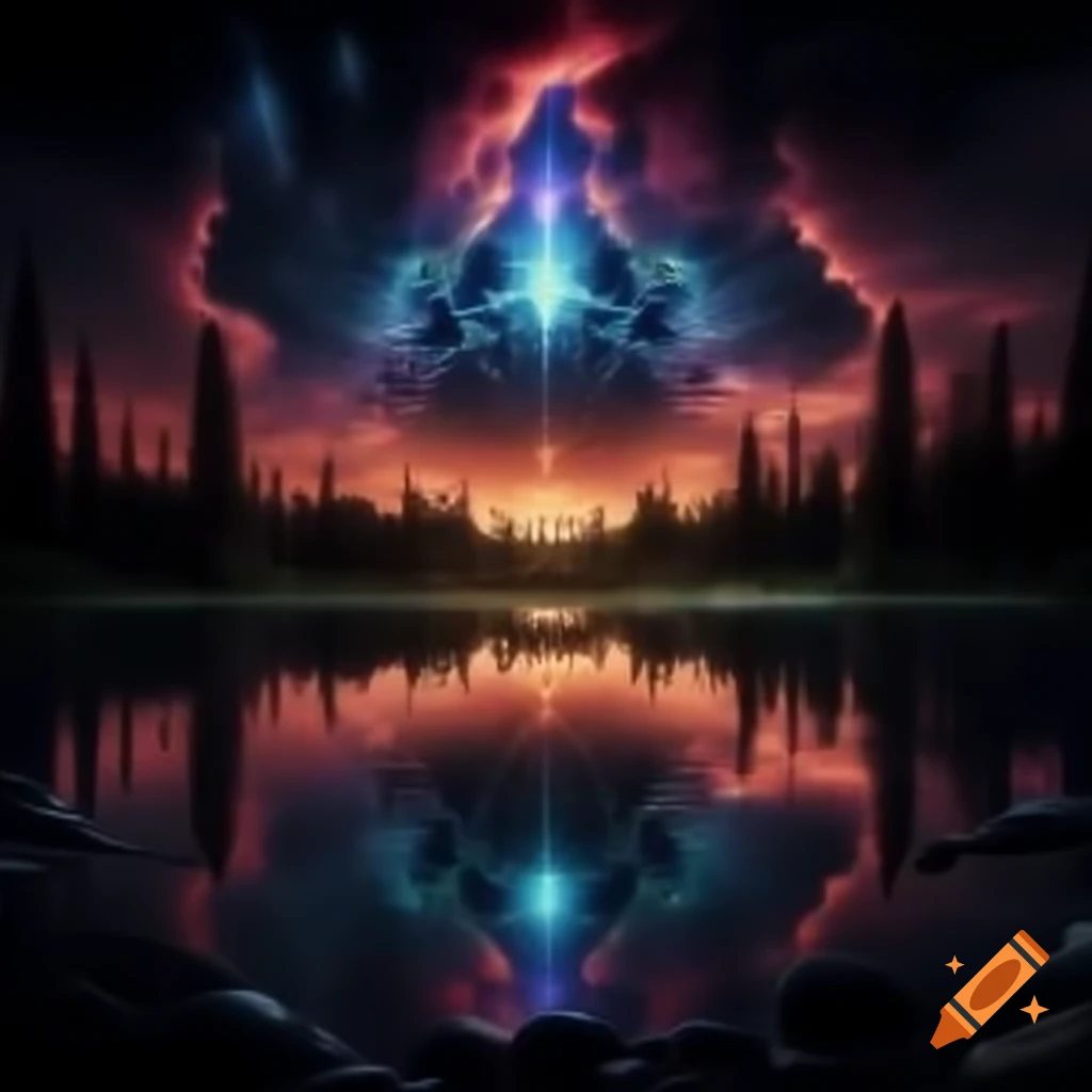 Psychedelic lakeside scene with neo-geo style and volumetric lighting