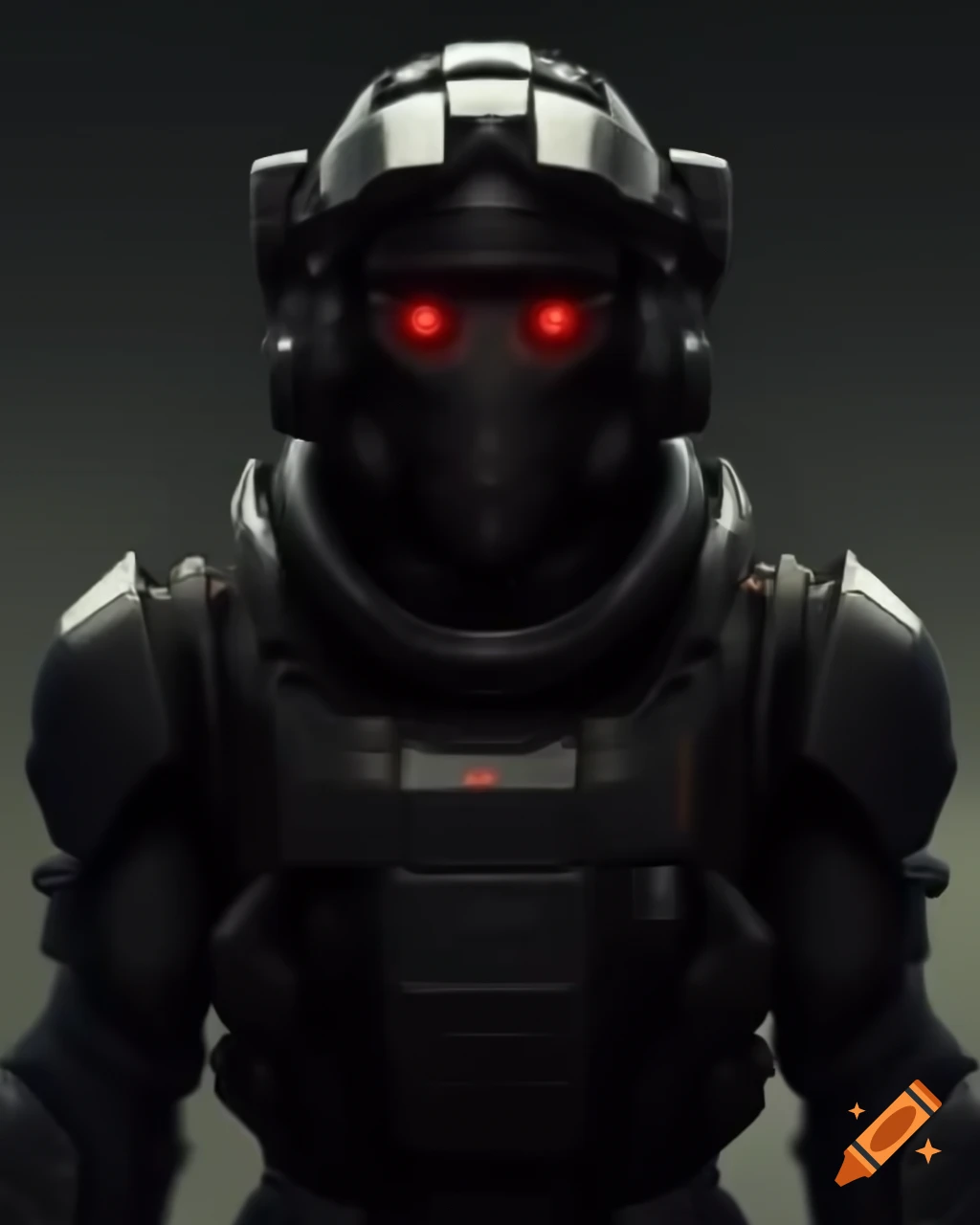 Sci-fi soldier in black armor with red-eyed helmet holding rifle, digital art