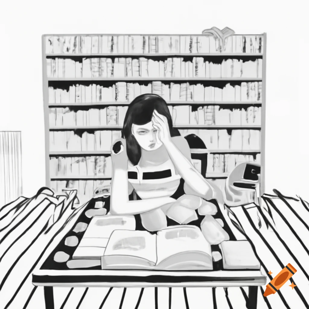 Ink drawing of confused woman in disorganized library