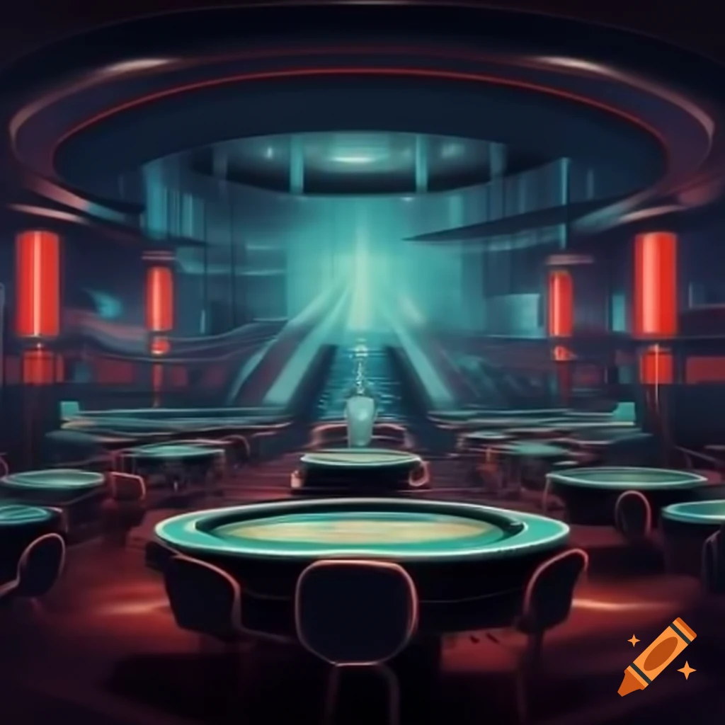 Futuristic casino background with card tables, roulette wheel, and grand staircase