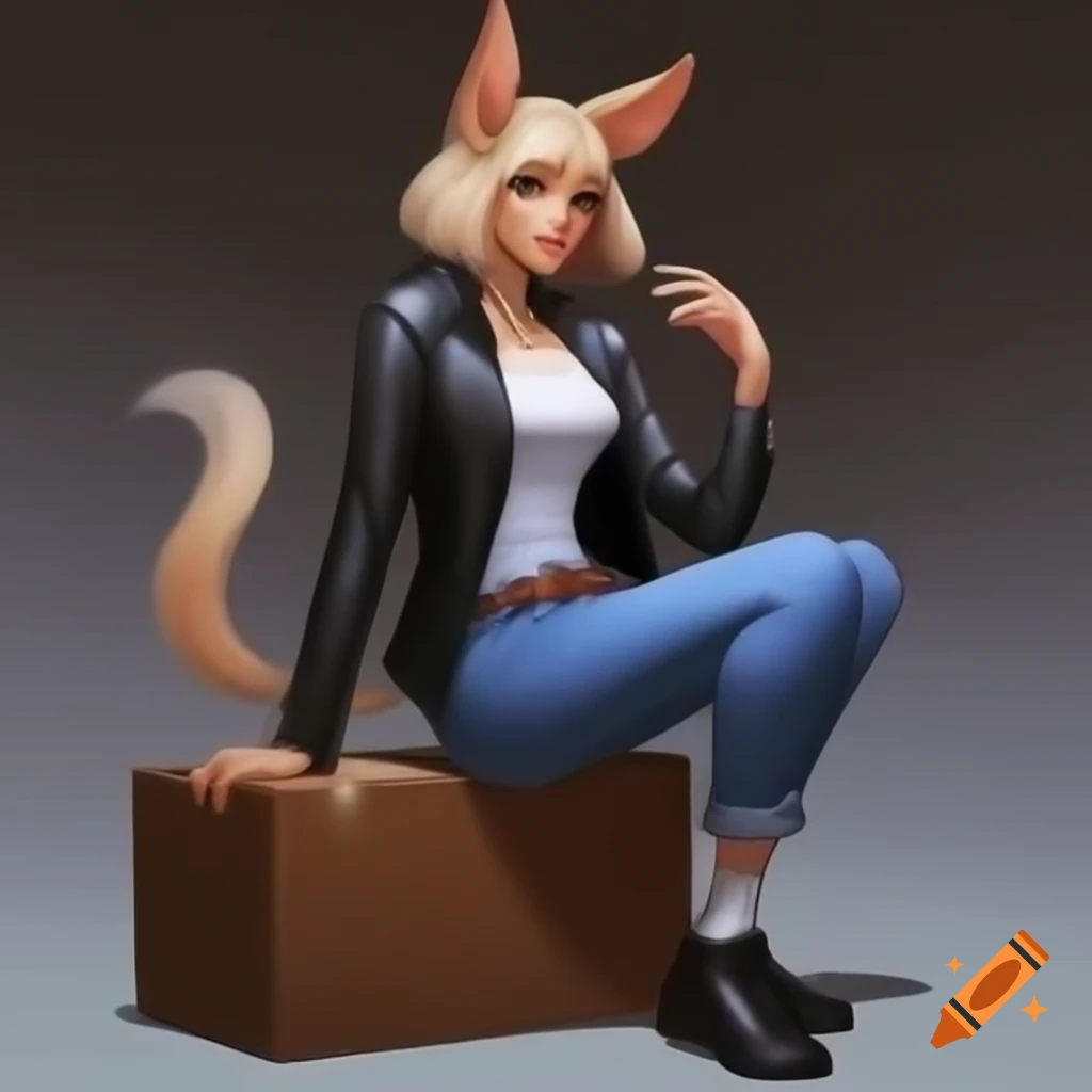 Anime character with dog ears and tail in leather jacket sitting on box