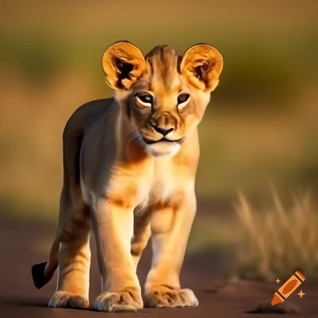 Standing lion cub in natural setting