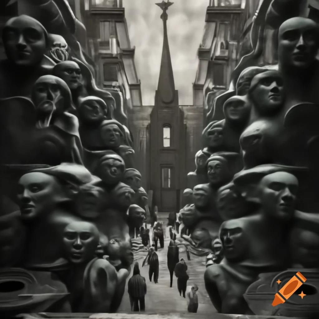 Surreal bronze engraving of a bustling church in abyssal depths