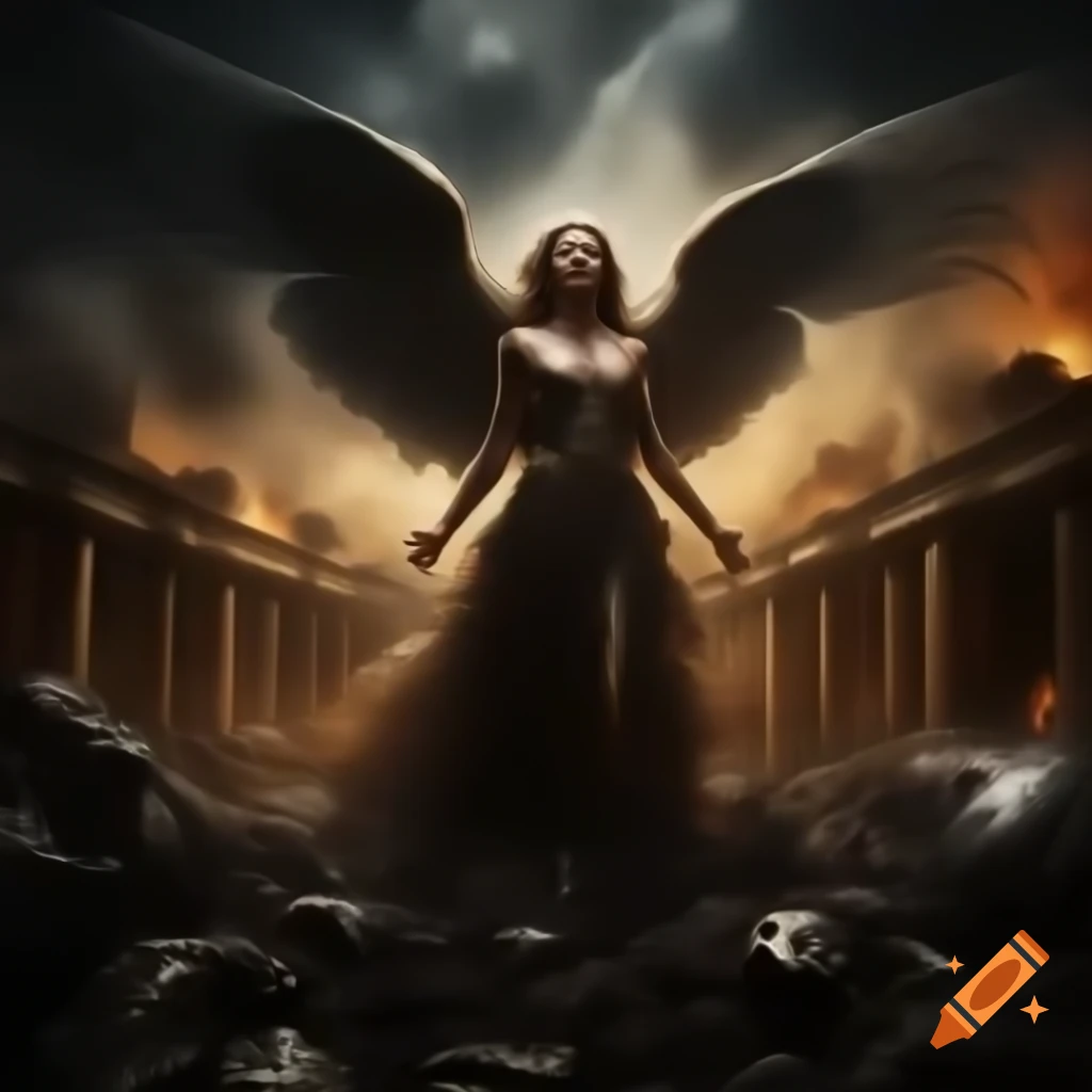 Aftermath of Dream War with smoke, ruins, and mythological creatures