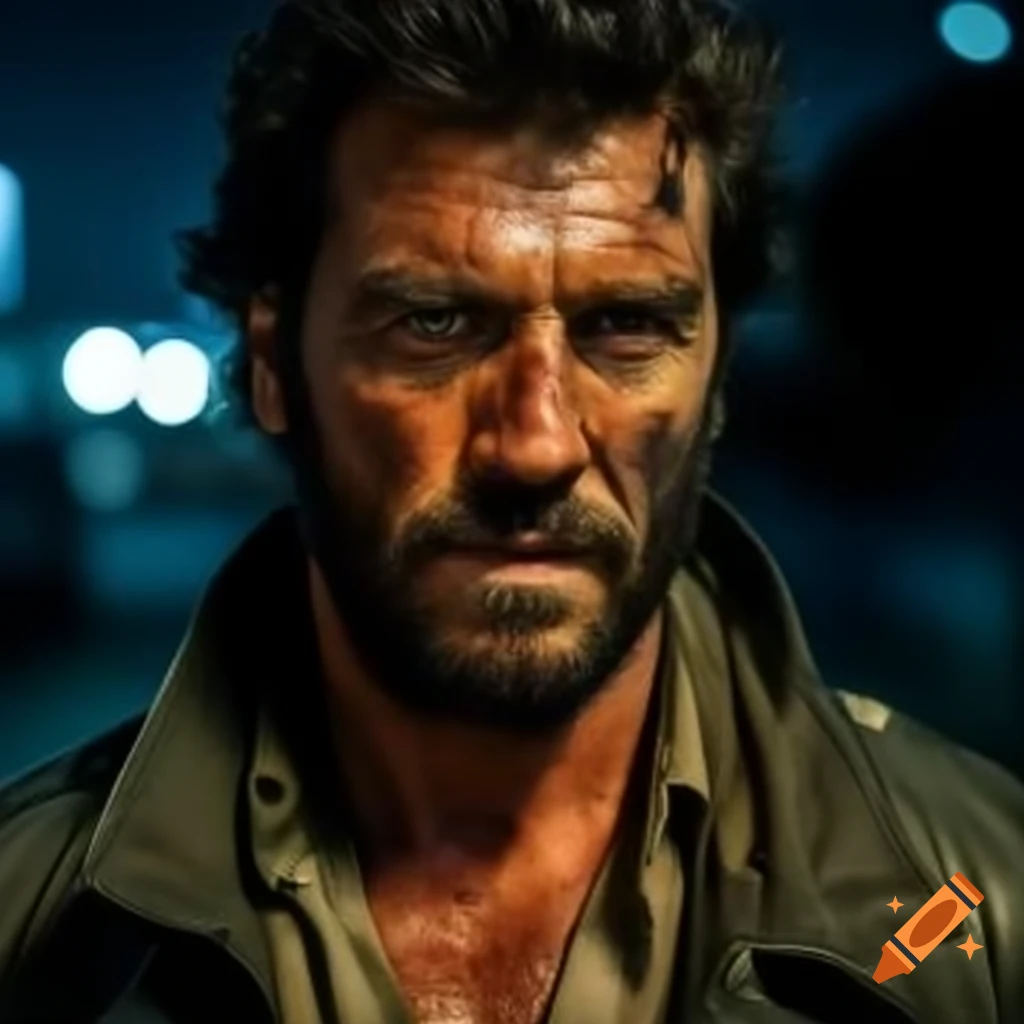 Rugged Spanish man with burn scars wearing leather jacket in San Francisco at night